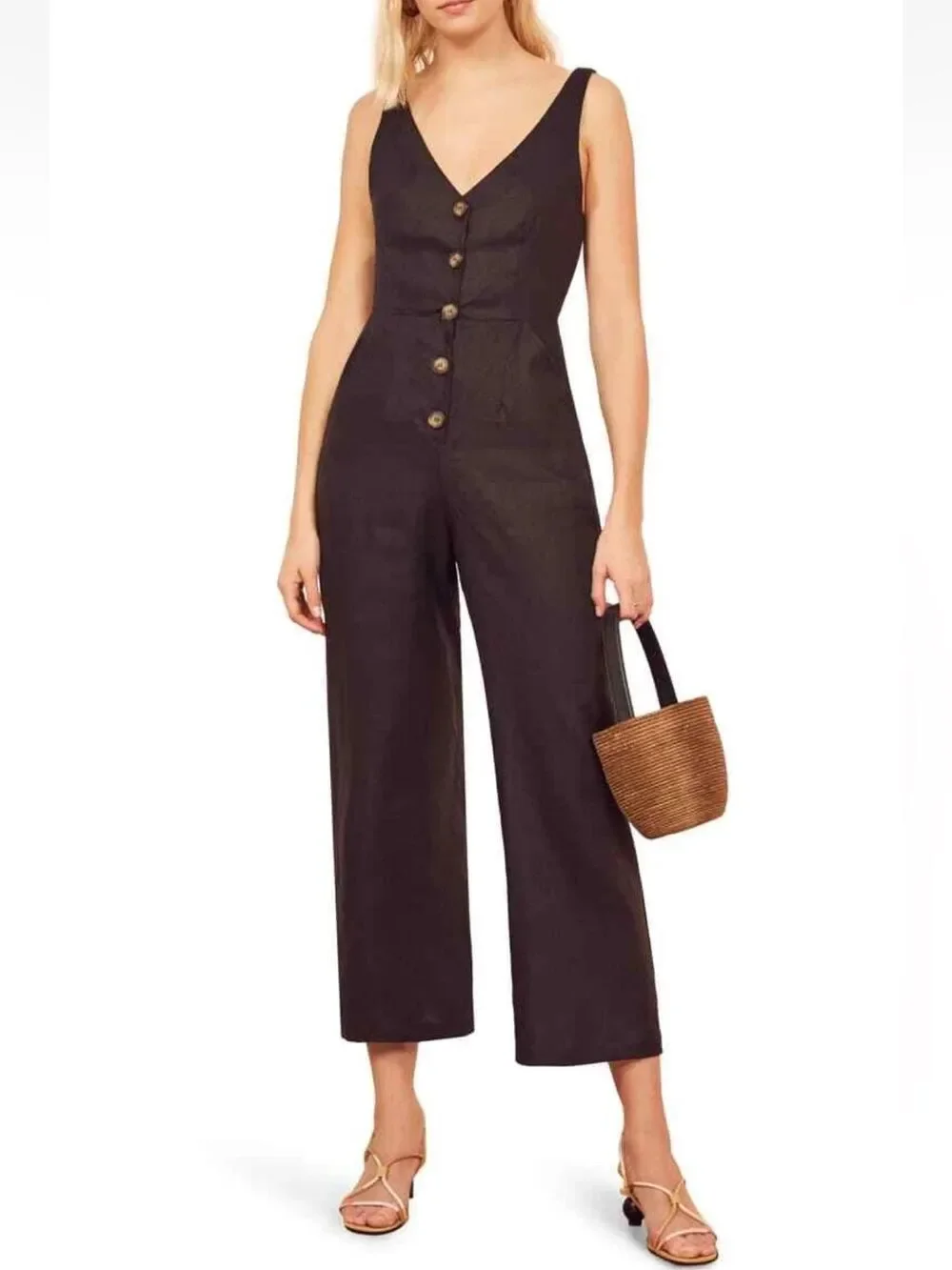 Reformation Black Sleeveless Button-Front Linen Vera Jumpsuit Sz 0